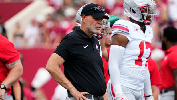 Ohio State Buckeyes defensive coordinator Jim Knowles watches warm ups prior to the NCAA football game at Indiana University Memorial Stadium. Ohio State won 23-3